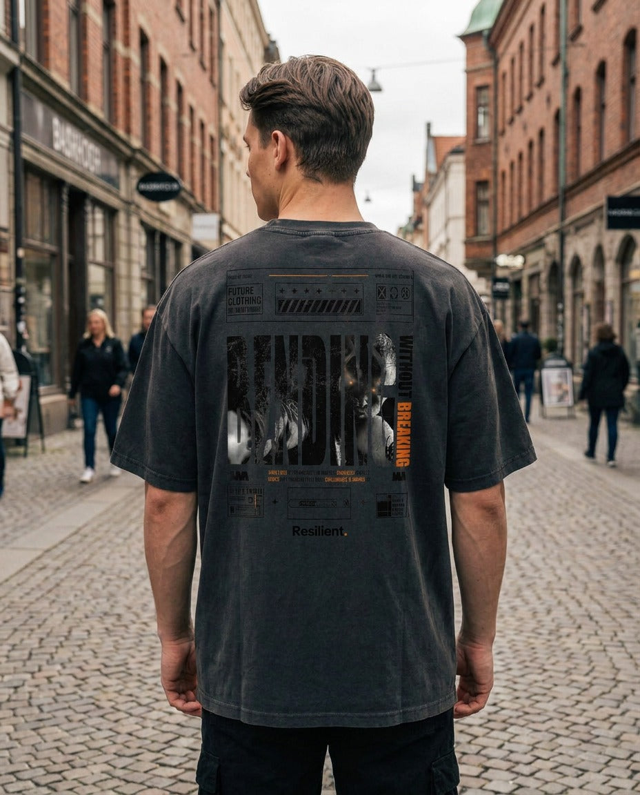"Bending Without Breaking" Distressed Oversized T-shirt · Faded Black · 100% Cotton