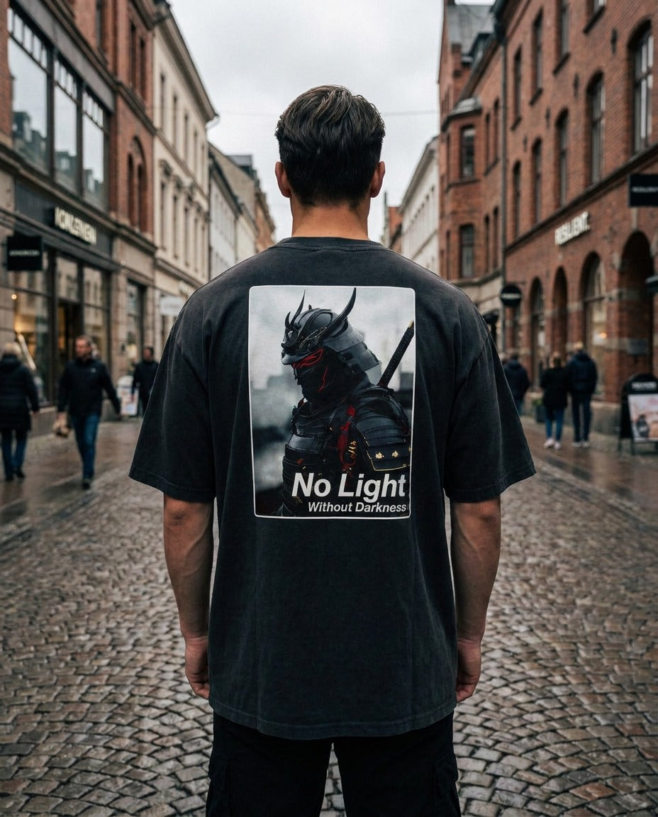 "No Light Without Darkness" Oversized T-shirt · Faded Black · 100% Cotton