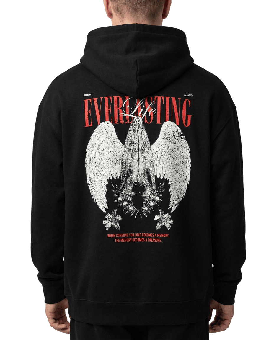 "Everlasting Life" Black Eco Hoodie · 100% Organic Cotton
