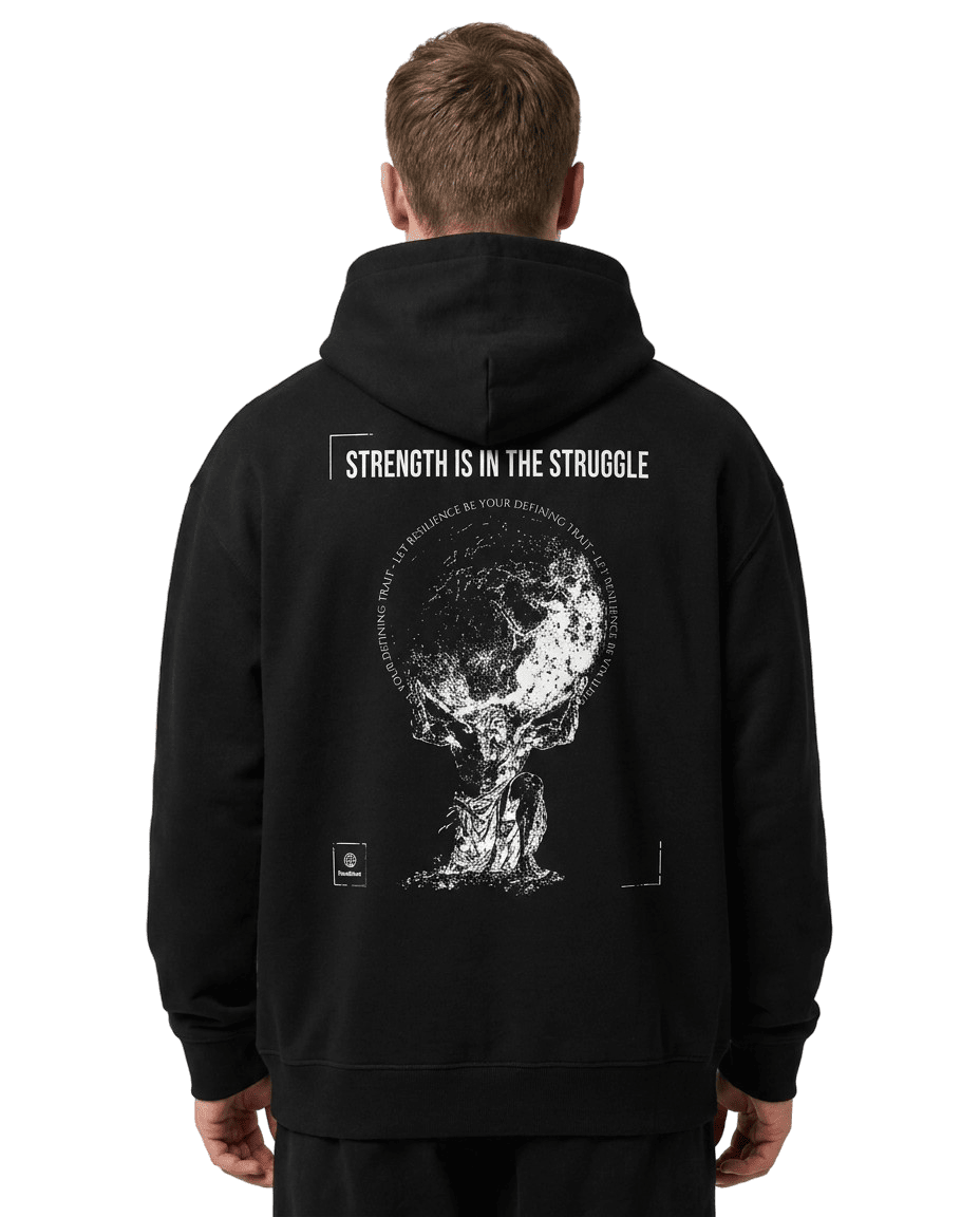 "World on your shoulders" Black Eco Hoodie · 100% Organic Cotton